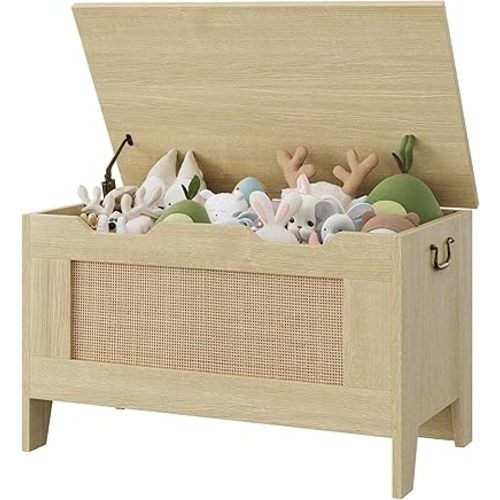 IDEALHOUSE Storage Chest, Rattan Toy Chest, 30" Wooden Storage Bench with Safety Hinge, Blanket Chest, Entryway Bench, Supports 350 lb, Storage Trunk for Living Room, Bedroom, Playroom, Natural Oak