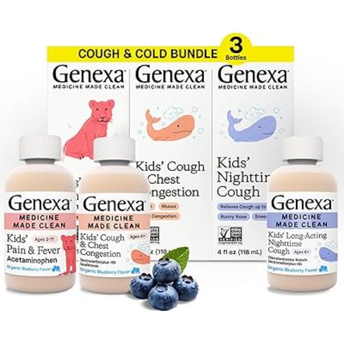 Genexa Kids' Clean Cough, Pain & Fever Relief Value 3-Pack, Dye Free, 0% Artificial Additives, Cough Care for Children, Fever Reducer & Pain Reliever, 12 fl oz (3 Bottles)