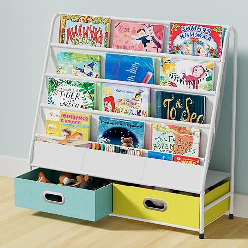 Coonoor Kids Bookshelf - 4 Tier Small Bookcase for Kids Room, Metal Nursery Book Shelf, Sling Book Shelf and Toy Storage for Children, Idea Gifts for Boys and Girls