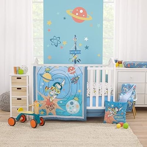 NoJo Disney Toy Story Buzz Lightyear Blue, Orange, and Yellow Countdown to Blast-Off 3 Piece Nursery Crib Bedding Set - Comforter, 100% Cotton Fitted Crib Sheet and Crib Skirt