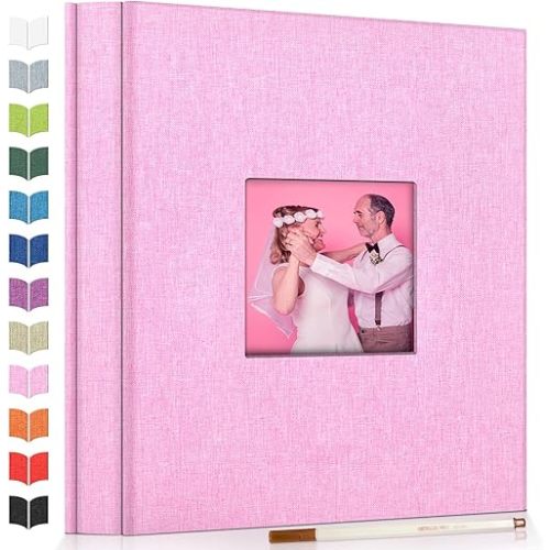 Photo Album Self Adhesive Scrapbook Album for 3x5 4x6 5x7 8x10 Pictures,60 Pages Linen Cover with Display Window DIY Photo Book,Ideal Gifts for Family Travel Wedding Baby