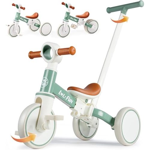 LOL-FUN 5 in 1 Toddler Tricycles for 1-3 Year Olds Boys Girls Toy, Baby Balance Bike 1 Year Old Kids Gift with Parent Steering Push Handle
