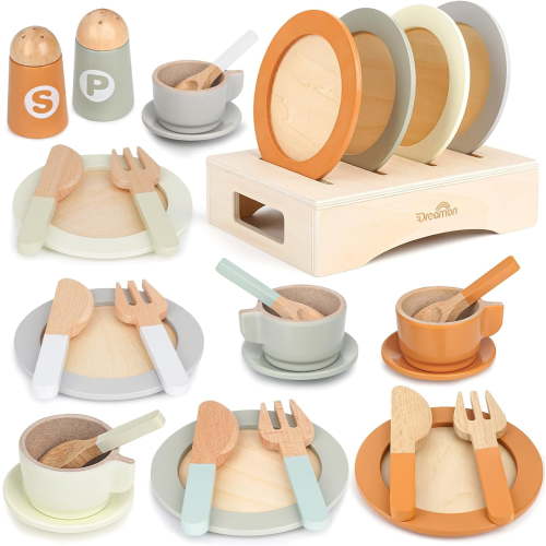 Wooden Play Dishes and Plates for Kids Kitchen Set, Wooden Play Kitchen Accessories, Kitchen Toy for Toddlers Boys Girls 3 4 5 6