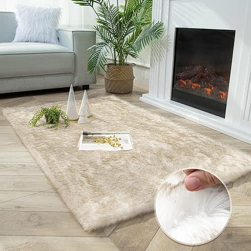 Ashler HOME DECO Soft Fox Faux Fur Chair Couch Cover Area Rug for Bedroom Floor Sofa Living Room White Brown Rectangle 3 x 5 Feet