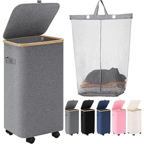 Laundry Hamper with Wheels,20 Gal (75L) Laundry Basket with lid Rolling Clothes Hamper Foldable Dirty Clothes Basket on wheels with Bamboo Frame and Bag for Bedroom, Dorm, Laundry Room-Grey
