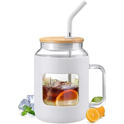 50 oz Glass Water Bottles with Silicone Sleeve,Glass Tumbler with Lid and Straw,Iced Coffee Cup with Handle,BPA Free-White