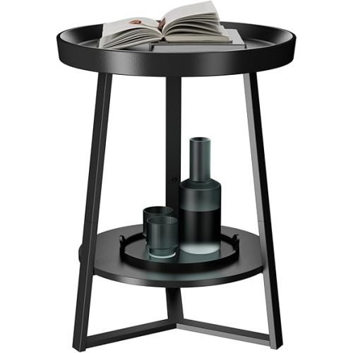 Gadroad Round End Table with Storage Shelf, 2 Tier Farmhouse Side Table Nightstand for Living Room, Bedroom, Wood Tabletop & Black Metal Frame, Black 15.7 * 15.7 * 23.6inches