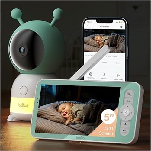 2K Boifun Baby Monitor WiFi, 360° Camera with Night Light & 5 Inch 3MP Display, Phone App Control & LCD Monitor, Night Vision, Auto Tracking, AI Motion & Sound Detection, 3000mAh Battery, 2-Way Audio