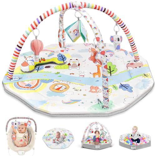 SNOOZYNEST 8-in-1 Baby Play Gym Mat & Tummy Time Activity Mat & Ball Pit & Soft Play Mat with 5 Detachable Toys and Tummy Time Pillow for Sensory Exploration and Motor Skill Development