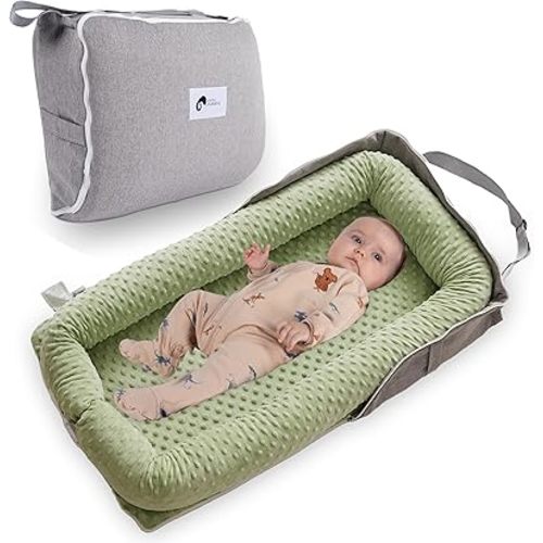 Joyful Journeys Baby Lounger Diaper Bag - Portable Baby Lounger Nest | Versatile Infant Lounger Bag & Diaper Organizer | Cozy Baby Lounger Nest for Convenience (Green Minky)