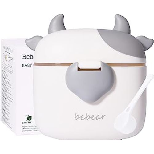 Bebamour Baby Formula Dispenser Portable Travel Milk Powder Formula Container Candy Fruit Snack Storage Container with Scoop and Leveller, BPA Free (Grey Cow)