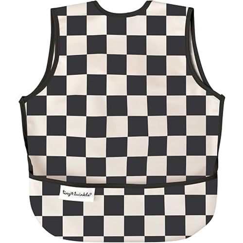 Tiny Twinkle Mess Proof Baby Bib - Waterproof & Lightweight Baby-Led Weaning Apron | 100% Recycled Polyester, Easy Clean & Machine Washable (Black Checkers, Small 6-24 Months)