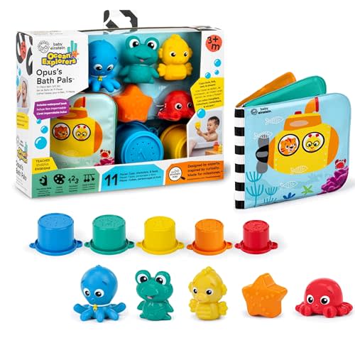 Baby Einstein Ocean Explorers Opus Bath Pals 11-Piece Gift Set, Waterproof Bath Book, Bath Cups, Animal Shape Bath Toys for Baby and Toddler, Ages 3 Months and Up