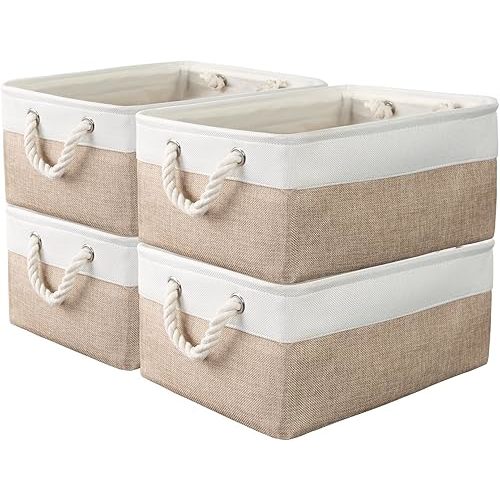 4 Pack Storage Bins & Fabric Storage Basket for Shelves - Decorative Baskets Storage Box Cubes Containers W/Handles for Closet Shelf Garage, Home, Office, Books, Bathroom (Beige/White 4 Pack)