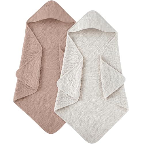Susurration Hooded Baby Towels for Newborn 2 Pack 100% Muslin Cotton Towel for Babies，Highly Absorbent and Newborn Essential 30x30 Inch Cream&Sand