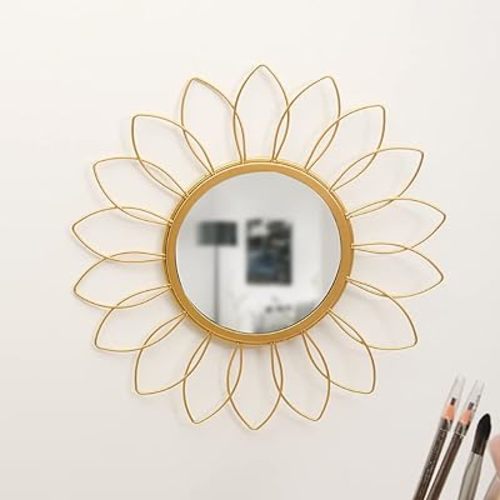 Gold Mirrors for Wall - Metal Sunburst Wall Mirror Room Decor & Home Decor, Boho Mirror Wall Decor Gifts for Women & Moms (Small, Flower)