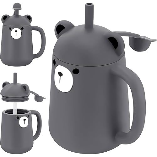 5 OZ Shatterproof Silicone Baby Sippy Cup for 6-12Month with Handles Spill Proof Straw & Lid First Training Cup Transition Bottles for 1Year Old Toddler for Milk, Juice, Puree, Water Drinking (Grey)