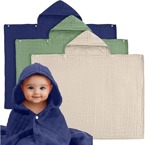 3 Pcs Muslin Hooded Baby Towels 30"x 40" Cotton Newborn Bath Towel Muslin Infant Baby Towels Absorbent Unisex Hooded Blankets Newborn Registry Baby Gift for Girl and Boy(Ivory Green Blue)