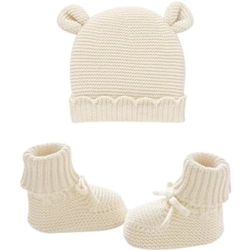 Hadetoto Cotton Baby Beanie and Booties Set Newborn Knit Sock Shoes Warm Winter Hat Cap for Infant Boy Girl