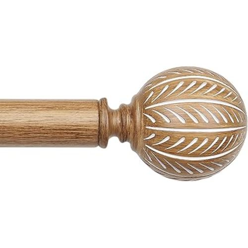 KAMANINA Wood Curtain Rods for Windows 48 to 84 Inch(4-7ft), 1 Inch Adjustable Drapery Rod, Decorative Heavy Duty Curtain Rods with Leaf Pattern Finials, Wood Grain