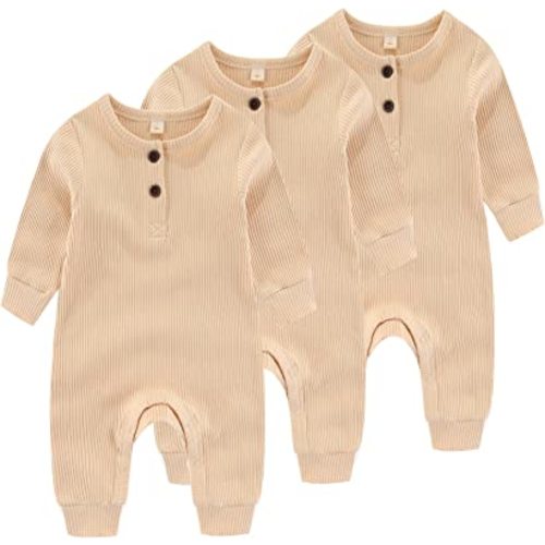 IADOER Newborn Baby Boys Girls One Piece Romper With Mitten Cuffs 3 Pack Long Sleeve Ribbed Button Jumpsuit Outfit Clothes