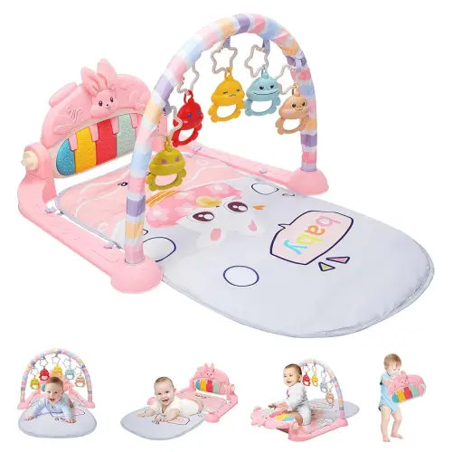 HOLYFUN Baby Gym Play Mat, Play Piano Tummy Time Mat with Activity Gym, 5 Infant Learning Sensory Baby Toys, Musical Activity Center for Early Development and Entertainment, Pink
