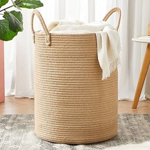 Jute Woven Rope Blanket Storage Basket, 62L Tall Hamper Basket for Blanket Storage, Nursery Clothes Hamper for Laundry in Bedroom