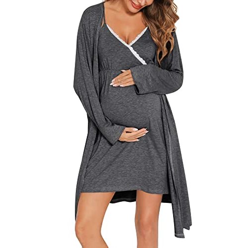 SWOMOG Womens Maternity Robe 2 Piece Nursing Nightgown for Breastfeeding 3 in 1 Labor Delivery Nursing Dress Lace Bathrobe