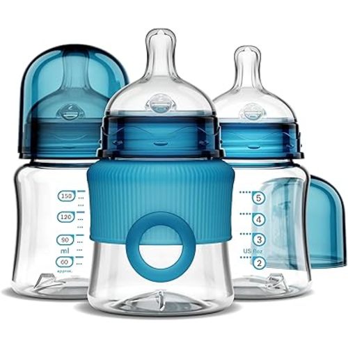 Smilo Baby Bottle Set with Stage 0 Slow Flow Anti Colic Nipple, 5 Oz / 150 ml Capacity, 3X Pack of Anti Colic Baby Bottles 0-3 Months - Aqua Blue