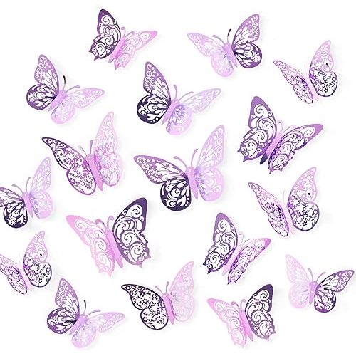72 Pcs Butterfly Decorations, 3 Sizes 3 Styles, 3D Butterfly Wall Decor, Party Decorations, Birthday Decorations, Butterflies for Crafts, Cake Decorating, Wall Stickers Room Decor, Pale Plum