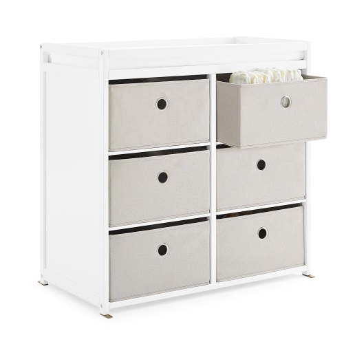 Delta Children Hayes Wooden Infant Changing Table with Toddler Pad and Fabric Bins, Bianca White/Flax Bins