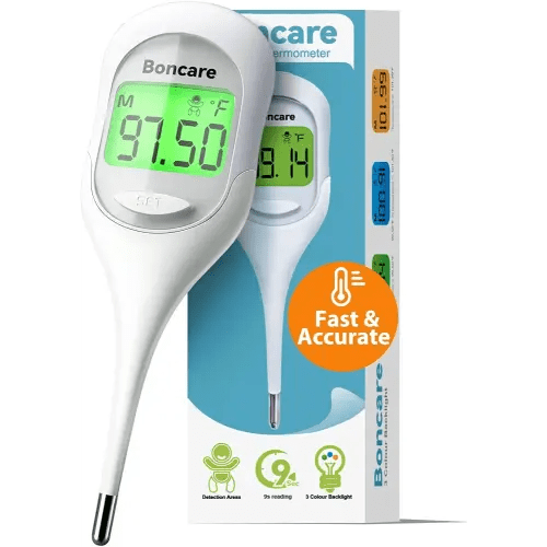 Boncare 9 Seconds Basal Body Thermometer for Adults and Kids - Accurate Rectal Thermometer, with Fever Alarm and Large Display (Rice-White)