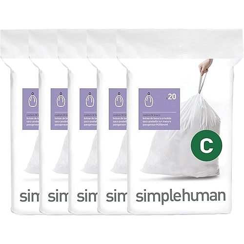 simplehuman Code C 100 Count, Dispenser Packs Custom Fit Liners, Drawstring Trash Bags, 10-12 Liter / 2.6-3.2 Gallon, White