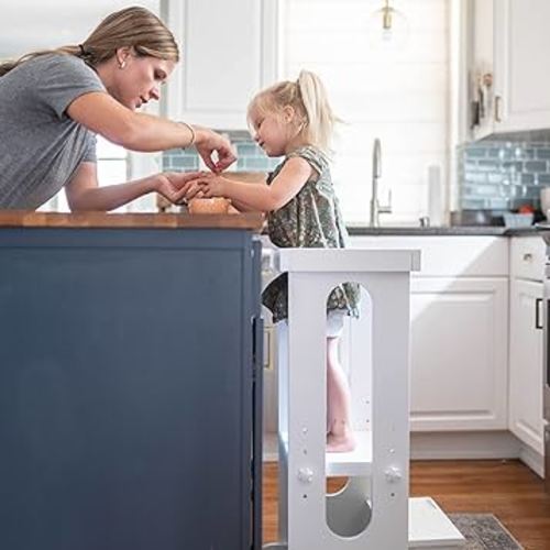 Little Partners® Explore 'N Store Learning Tower® Kids Adjustable Height and Foldable Kitchen Step Stool for Toddlers or Any Little Helper - Safety Tower for Kitchen Counter (Soft White)
