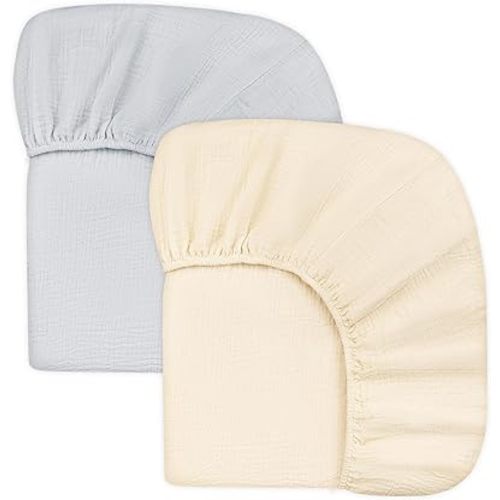 Muslin Crib Sheets for Boys Girls, Hooyax Neutral Baby Crib Fitted Sheets, Boho Soft Crib Mattress Sheet for Standard Crib Mattress & Toddler Mattress 52" x 28", 2 Pack (Cream & Grey)