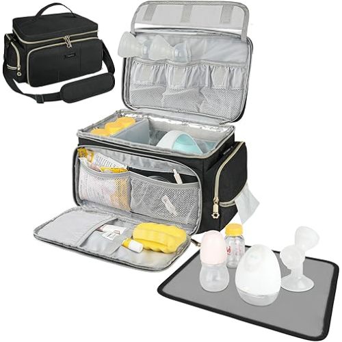 Breast Pump Bag Compatible with Spectra S1 and S2 with Insulated Compartment,Breast Pump Storage Bag with Waterproof Mat for Pumping Essentials,Black,Bag Only