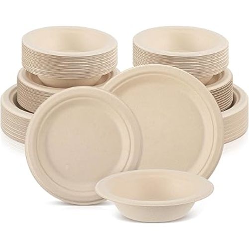 Havawish 150 Pcs Compostable Paper Plates and Bowls Set 7 Inch 9 Inch Disposable Plate 12oz Biodegradable Bowls for Party Dinner 50-person Bulk Party Supplies