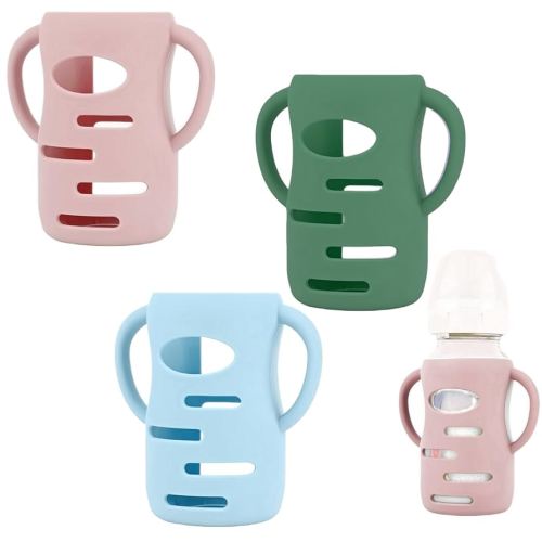3 Pack Silicone Sleeves Compatible with Dr Brown Wide-Neck Glass Baby Bottles 9OZ/270mL, 100% Silicone Handles for Sippy Cups for Toddlers 1-3, Anti Breakage (Pink+Blue+Green, 9 OZ)