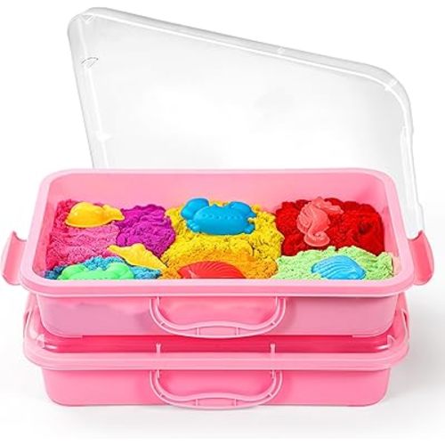 2 Pcs Sand Tray Sensory Bin with Lid and Handle, Portable Sensory Sandbox Container for Kids, Plastic Activity Tray for Toddlers (Pink)