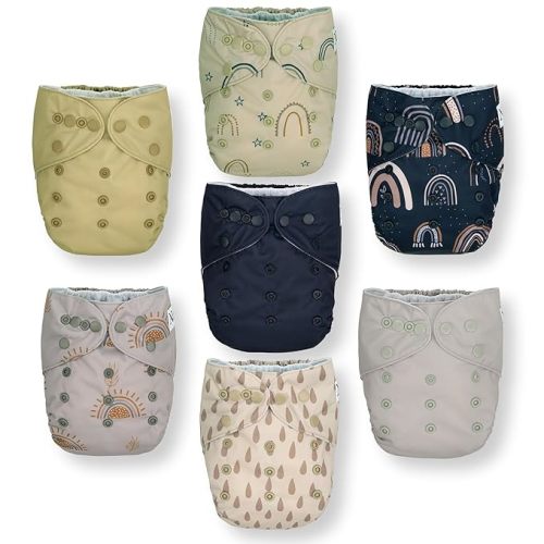 Nora's Nursery Cloth Diapers 7 Pack with 7 Inserts & 1 Wet Bag - Waterproof Cover, Washable, Reusable & One Size Adjustable Pocket Diapers for Newborns and Toddlers - Sunshine & Rainbows