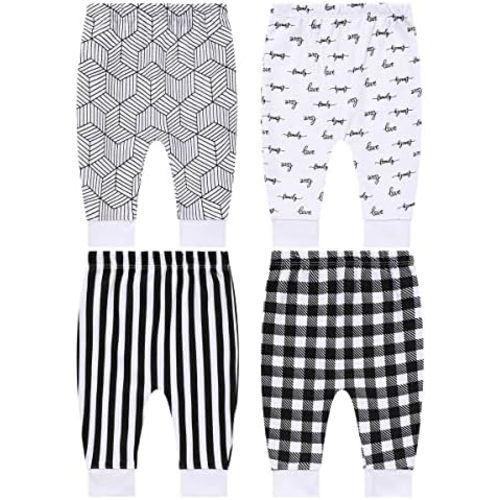 Pack of 4 Baby Jogger Pants - Soft Cotton Pants for Boys and Girls - Unisex Cute Color Designs for Infants