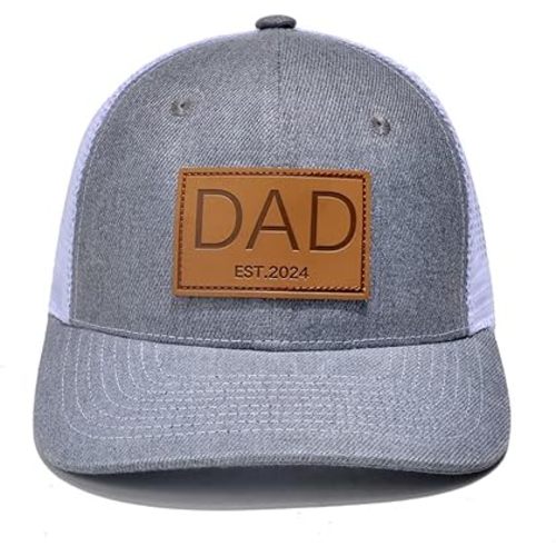 Genuine Leather Patch Trucker Hats - Dad Est 2023 PAPA Baseball Cap - Perfect New Father Gift for Baby