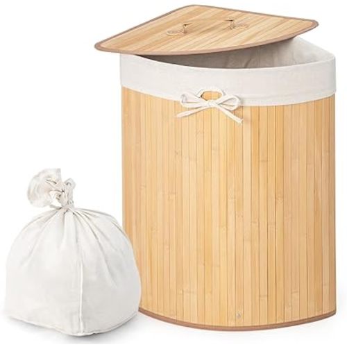 Giantex Corner Laundry Hamper with Lid, 58 L Bamboo Laundry Basket with Removable Liner & Handle, Triangle Clothes Hamper for Small Spaces, Bedroom, Bathroom, Laundry & Living Room (Natural)