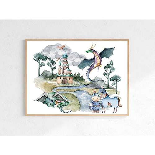 Generic Dragon Castle Wall Print, Nursery Art, Boys Room Poster, Knight Print, Magical Boys Nursery Decor, Fairytale Kids Room, Dragon Themed Room,20, White