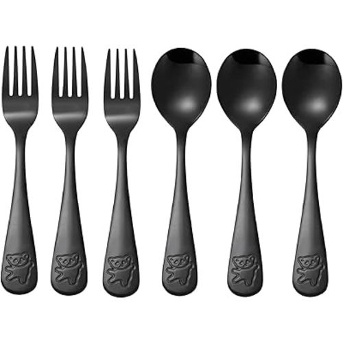 Pimoys 6 Pieces Kids Silverware Stainless Steel Toddler and Child Utensils, Childrens Safe Forks and Spoons Metal Cutlery Set, Engraved Bear, Black