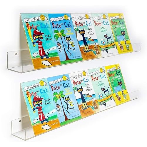 NIUBEE 2 -Packs Kids Acrylic Floating Bookshelf 36 Inch, Clear Bathroom Wall Floating Shelves, Invisible Wall Bookshelves Ledge Book Shelf, 50% Thicker with Screwdriver