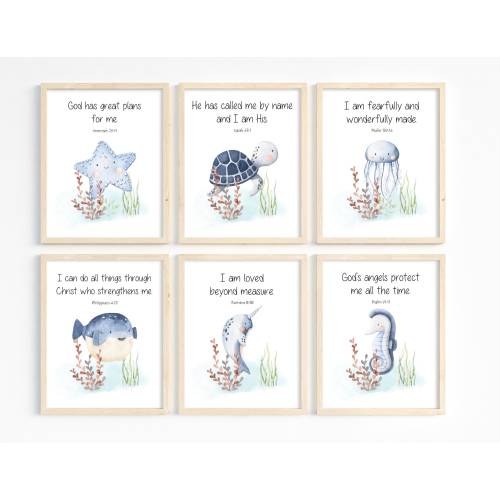 Under the Sea Animal Prints, Kids Bible Verse Wall Art, Scripture Verse Print, Christian Nursery Decor, Baby Boy Nursery Art, Printable