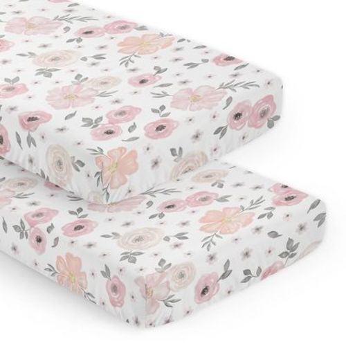 Sweet Jojo Designs Girl Fitted Crib Sheets Set Watercolor Floral Pink And Grey 2pc