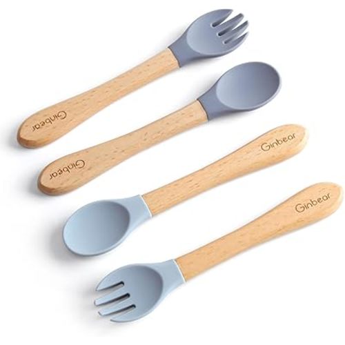 Ginbear Silicone Baby Spoons and Forks Self-feeding 12-18 Months, Soft Tip Baby Flatware Sets for Boy, Toddler Feeding Utensils for Child, 4 Piece Set (Gray/Blue)