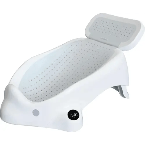 Baby Bather Plus - Bath Support with Thermometer for Bathtub or Sink (0-6 Months) Slip-Resistant & Ergonomic for Newborn Infant (Gray) - Jool Baby